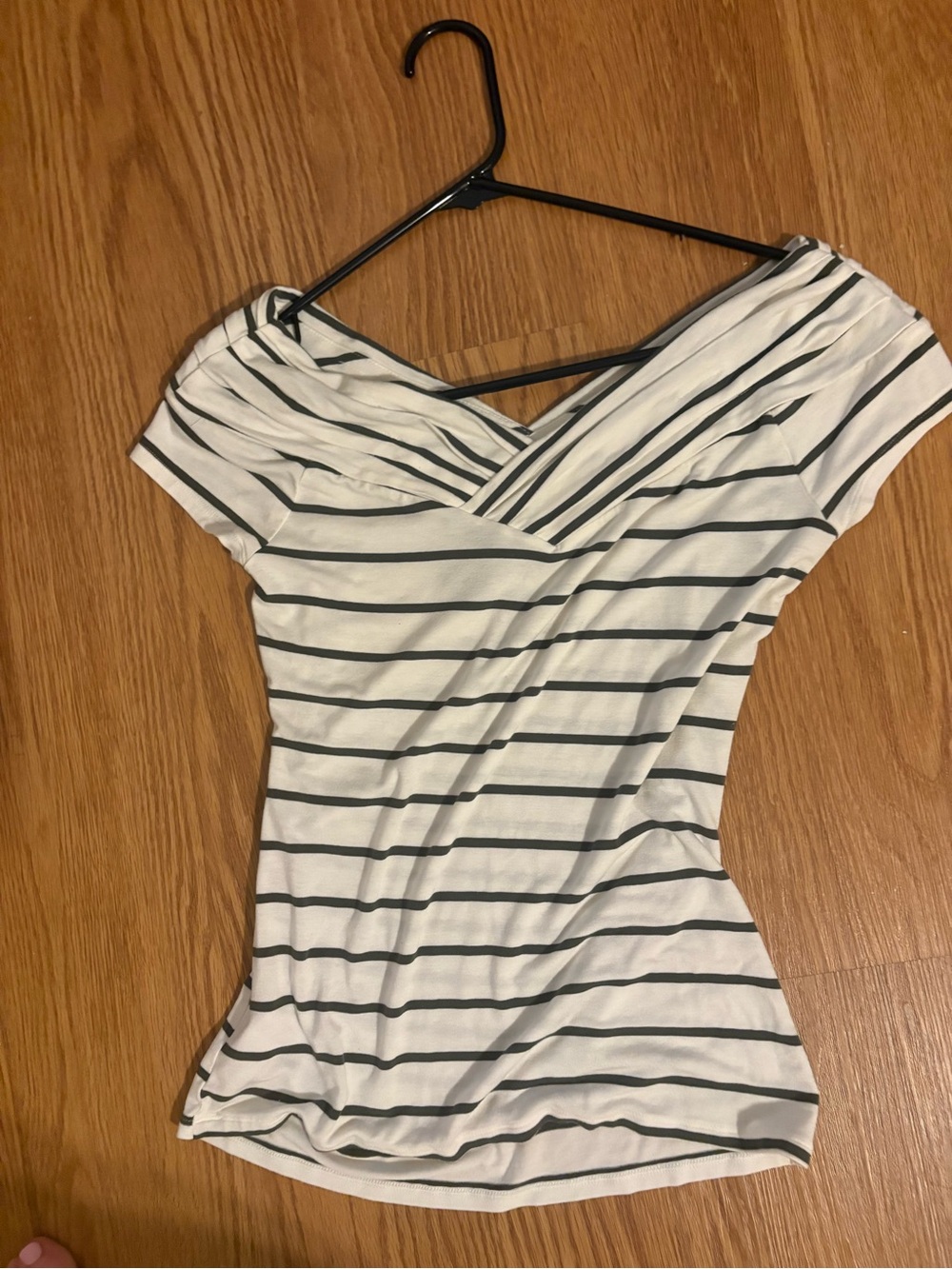 White House Black Market White and Black Striped Short Sleeve V-Neck Top